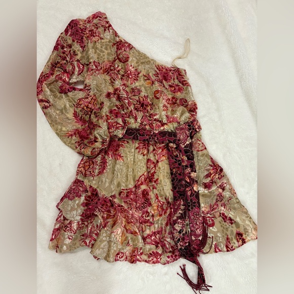 Hemant & Nandita NWT Red Beige Metalic Floral Mini Dress Size M - Picture 2 of 15